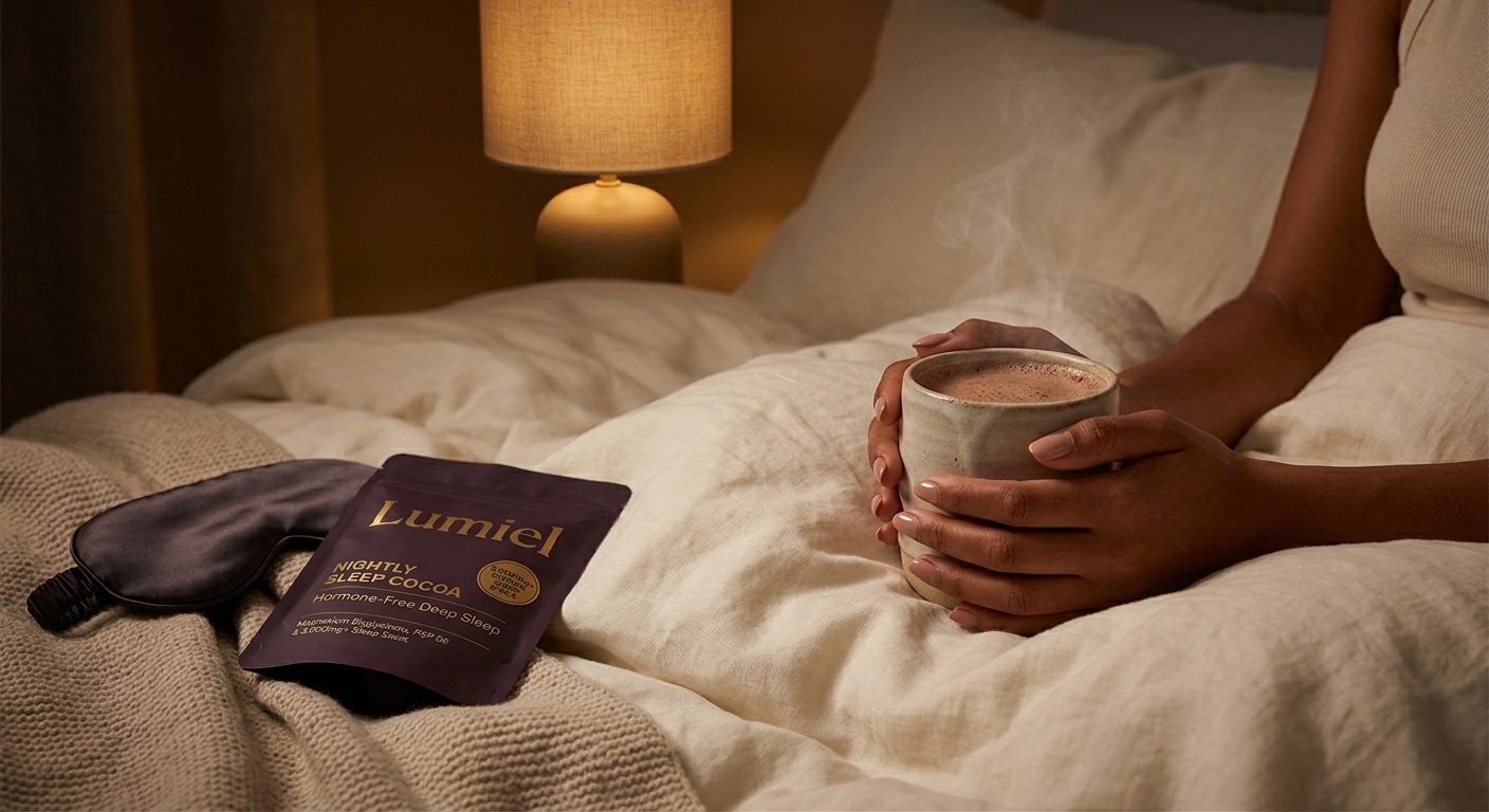 A woman cradling a warm mug of Lumiel cocoa in bed